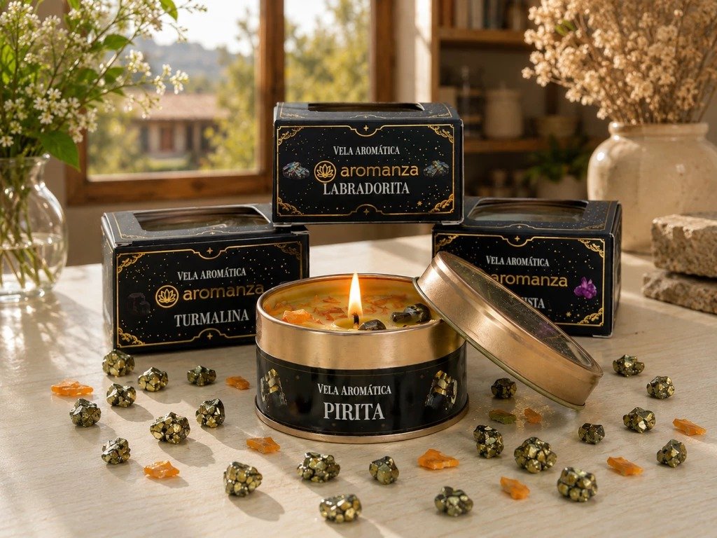 Vela Aromática Orgánica con Cristales PIRITA 